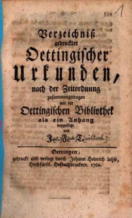 Verzeichniß gedruckter Oettingischer Urkunden