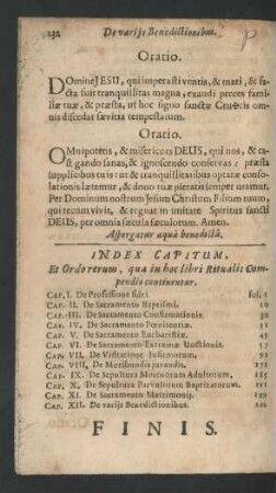 Index Capitum, Et Ordo rerum, quae in hoc libri Ritualis Compendio continentur.