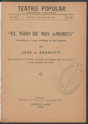 3.1921=Nr. 62: El nido de mis amores : comedia en 1 un acto, dividido en dos cuadros