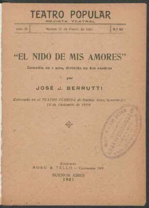 3.1921=Nr. 62: El nido de mis amores : comedia en 1 un acto, dividido en dos cuadros