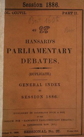 Hansard's parliamentary debates. General index to session. 1886