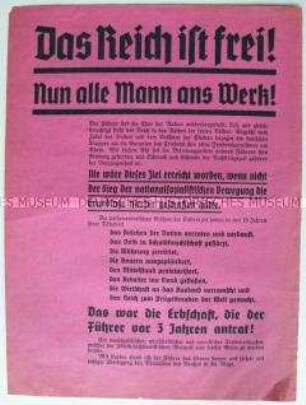 Propagandaflugblatt zur nationalsozialistischen Wirtschafts- und Sozialpolitik anlässlich der "Reichstagswahl" 1936