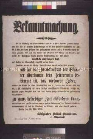 Maueranschlag: Bekanntmachung des Polizeipräsidiums über die Rücknahme von Pfändern auf Kosten der Staatskasse; Berlin, 23. März 1848