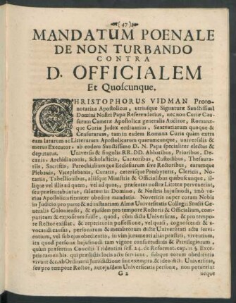 Mandatum Poenale De Non Turbando Contra D. Officialem Et Quoscunque