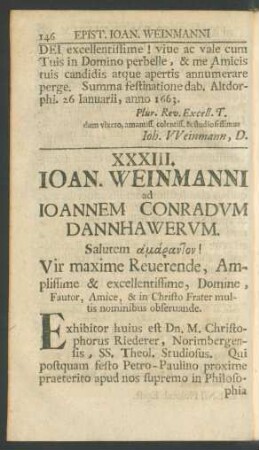 XXXIII. Ioan. Weinmanni ad Ioannem Conradum Dannhawerum