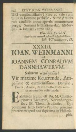 XXXIII. Ioan. Weinmanni ad Ioannem Conradum Dannhawerum