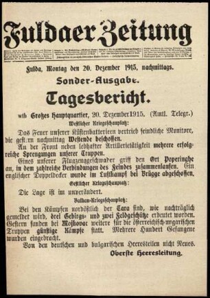 Erste Ausgabe vom Montag, den 20. Dezember 1915.