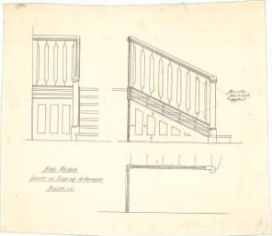 Dolmetsch, Theodor; Ötisheim; Kirche - Geländer zur Treppe auf der Querempore (Teilgrundriss, Ansicht, Ansicht m. Schnitt)