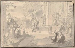 Zwei im Feuer tanzende Frauen vor Tempel