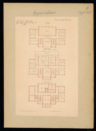 Gymnasium Monatskonkurrenz Dezember 1838: Grundriss Untergeschoss, Erdgeschoss, Obergeschoss; Maßstabsleiste