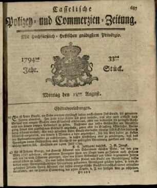 33tes Stueck, Montag den 18ten August 1794