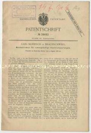 Patentschrift eines Mechanismus für zwangläufige Ventilsteuerung, Patent-Nr. 38682