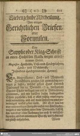 Siebenzehnde Abtheilung, Von einigen Gerichtlichen Briefen, oder Formulen