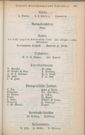 Nadler. Navigationslehrer. Notare. Oelfabriken. Photographische Institute. Portefeuille-Fabriken. Posamentierer. [Putzhandlungen. Rademacheramt. Reifschlägeramt. Restaurationen. Rouleauxfabriken.]