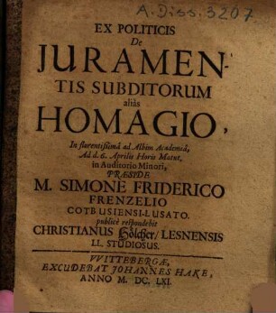 Ex Politicis De Iuramentis Subditorum alias Homagio