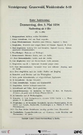 Erster Auktionstag: Donnerstag, den 3. Mai 1934 (Nr. 1-296)