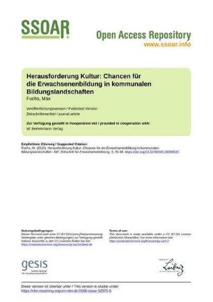 Herausforderung Kultur: Chancen für die Erwachsenenbildung in kommunalen Bildungslandschaften