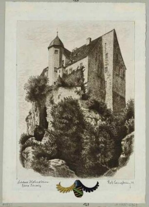 Die Burg Hohnstein in der Sächsischen Schweiz, mit sächsischem Wappen