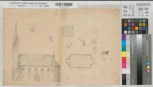 Unna (Unna) alte kath. Kirche Südansicht, Grundriß 2.H. 19.Jh. o. M. 31,5 x 49 Zeichnung Staatshochbauamt Soest