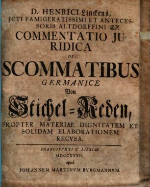 D. Henrici Linckens Commentatio Juridica de scommatibus, von Stichel-Reden