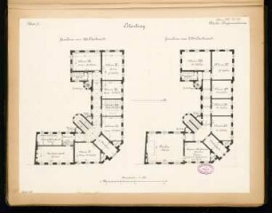 Knabenschule, Eilenburg Monatskonkurrenz Juni 1881: Grundriss 1. und 2. Obergeschoss 1:150; Maßstabsleiste