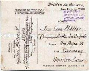 Vordruckpostkarte aus einem britischen Kriegsgefangenenlager - Personenkonvolut