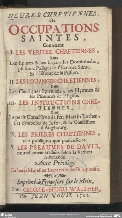 Heures chretiennes ou occupations saintes
