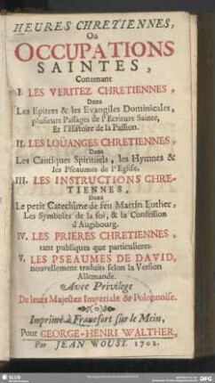 Heures chretiennes ou occupations saintes