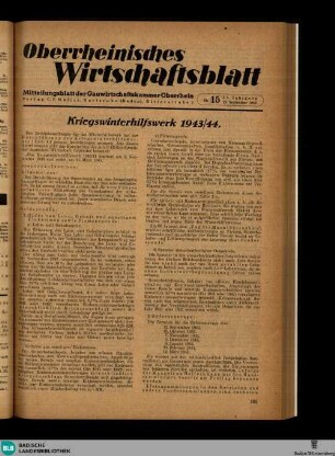 Oberrheinisches Wirtschaftsblatt : Mitteilungsbl. d. Gauwirtschaftskammer Oberrhein