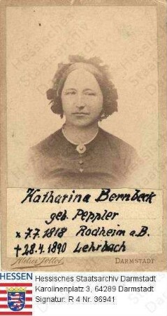 Bernbeck, Katharine geb. Pepler (1818-1890) / Porträt, Brustbild