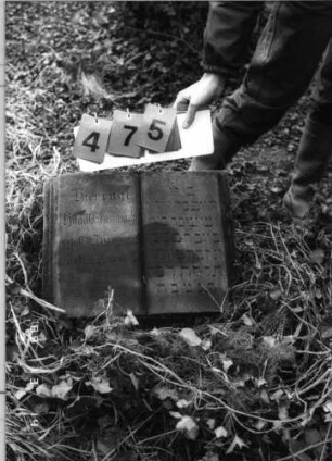 Grabstein 475 (Index: 100093137) Zustand: liegend Maße HxBxT: 38x49x45 cm Beschreibung: Stein in Form eines aufgeschagenen Buches Besonderheit: Kindergrab: Grabstein 475