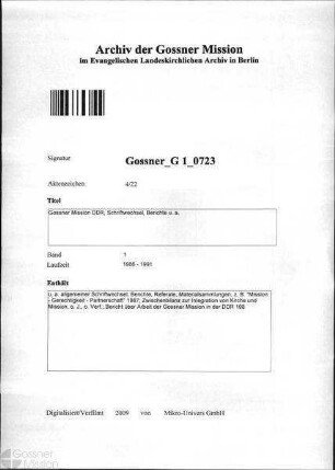 Gossner Mission DDR, Schriftwechsel, Berichte u. a.