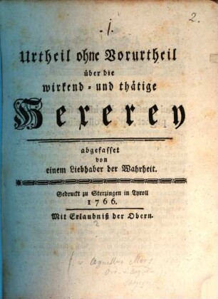 Urtheil ohne Vorurtheil über die wirkend- und thätige Hexerey