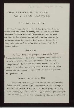 [Tage und Taten] - [Druckvorlage] - Nach radierten Skizzen von Max Klinger - StGA-George I,1708 : [SW XVII: keine Sigle]