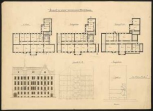 Mehrstöckiges Mietshaus: Grundrisse, Ansicht, Schnitt, Lageplan