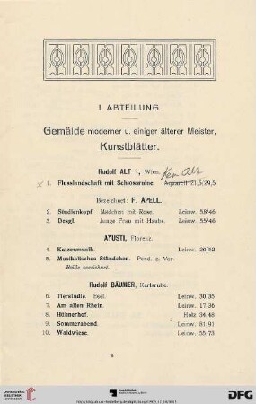 I. Abteilung. Gemälde moderner u. einiger älterer Meister, Kunstblätter (Nr. 1-300)