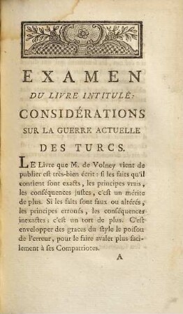 Examen du livre intitulé Considérations sur la guerre actuelle des Turcs, par M. de Volney