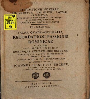 Redemptionis nostrae per Christum, Dei filium, factae necessitas, a theologis non temere ... asserta