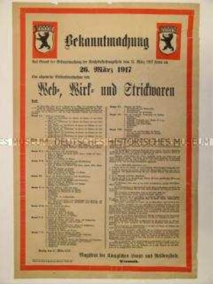 Maueranschlag: Bekanntmachung zur Meldepflicht von vorrätigen Web-, Wirk- und Strickwaren