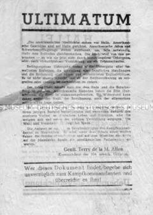 Abwurf-Flugblatt der Alliierten mit einem Ultimatum zur Kapitulation der Stadt Halle