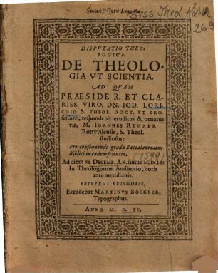 Dispvtatio Theologica, De Theologia Vt Scientia