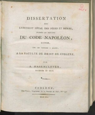 Dissertation sur l'usufruit légal des pères et mères d'après les principes du Code Napoléon