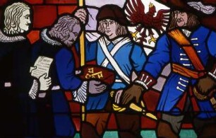 Diese historischen Glasfenster gehören zum alten Rathaus von Aschersleben und zeigen Motive aus der Stadtgeschichte, Aschersleben ist die älteste Stadt in Sachsen-Anhalt