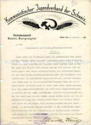 Schreiben des Zentralausschusses des Kommunistischen Jugendverbandes der Schweiz an das Bundeskomitee des Schweizerischen Gewerkschaftsbundes zu Fragen des gemeinsamen politischen Kampfes