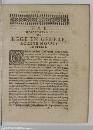 Disputatio I. De Lege In Genere, Ac Lege Morali In Specie
