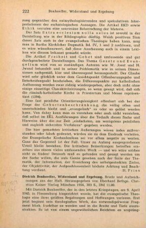 222-224 [Rezension] Bonhoeffer, Dietrich, Widerstand und Ergebung