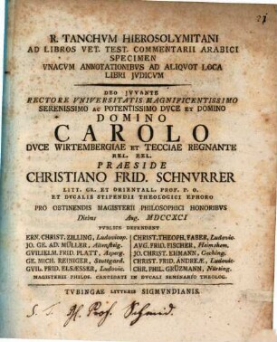 R. Tanchum Hierosolymitani Ad Libros Vet. Test. Commentarii Arabici Specimen : Vnacvm Annotationibvs Ad Aliqvot Loca Libri Jvdicvm