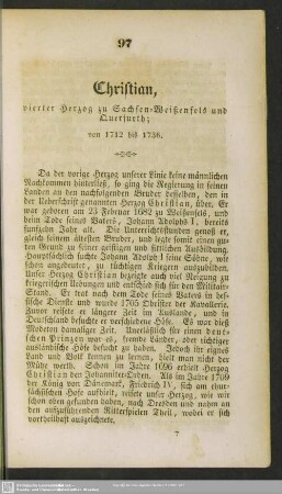 Christian, vierter Herzog zu Sachsen-Weißenfels und Querfurth; von 1712 bis 1736
