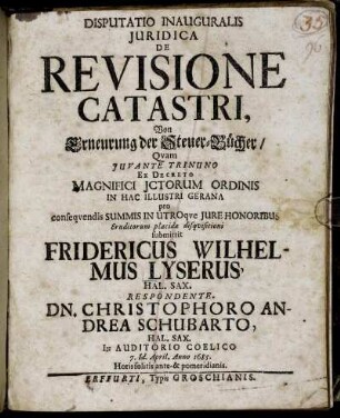 Disputatio Inauguralis Iuridica De Revisione Catastri