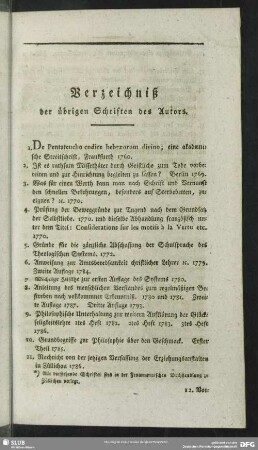 Verzeichniß der übrigen Schriften des Autors